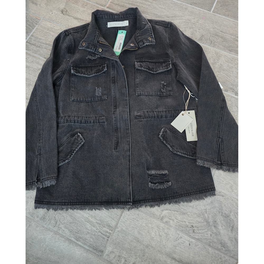 Statement‎ Jessie Raw Trim Denim Cargo Jacket Black Distressed Medium Stitch Fix